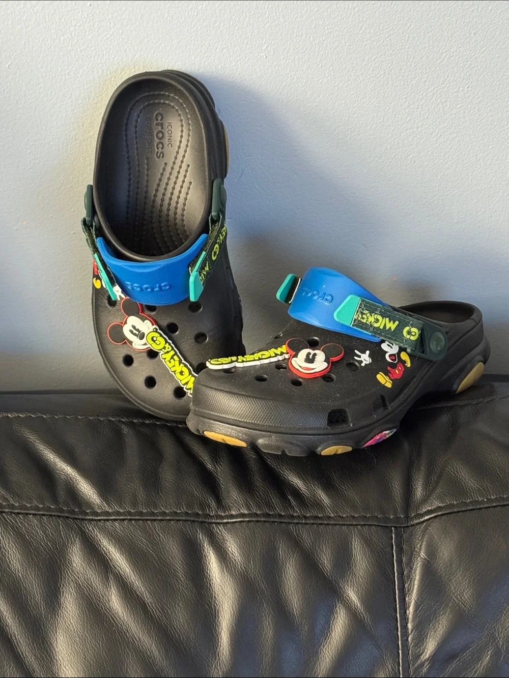 CROCS Adult Sized Black Clogs with Blue Strap and Mickey Mouse